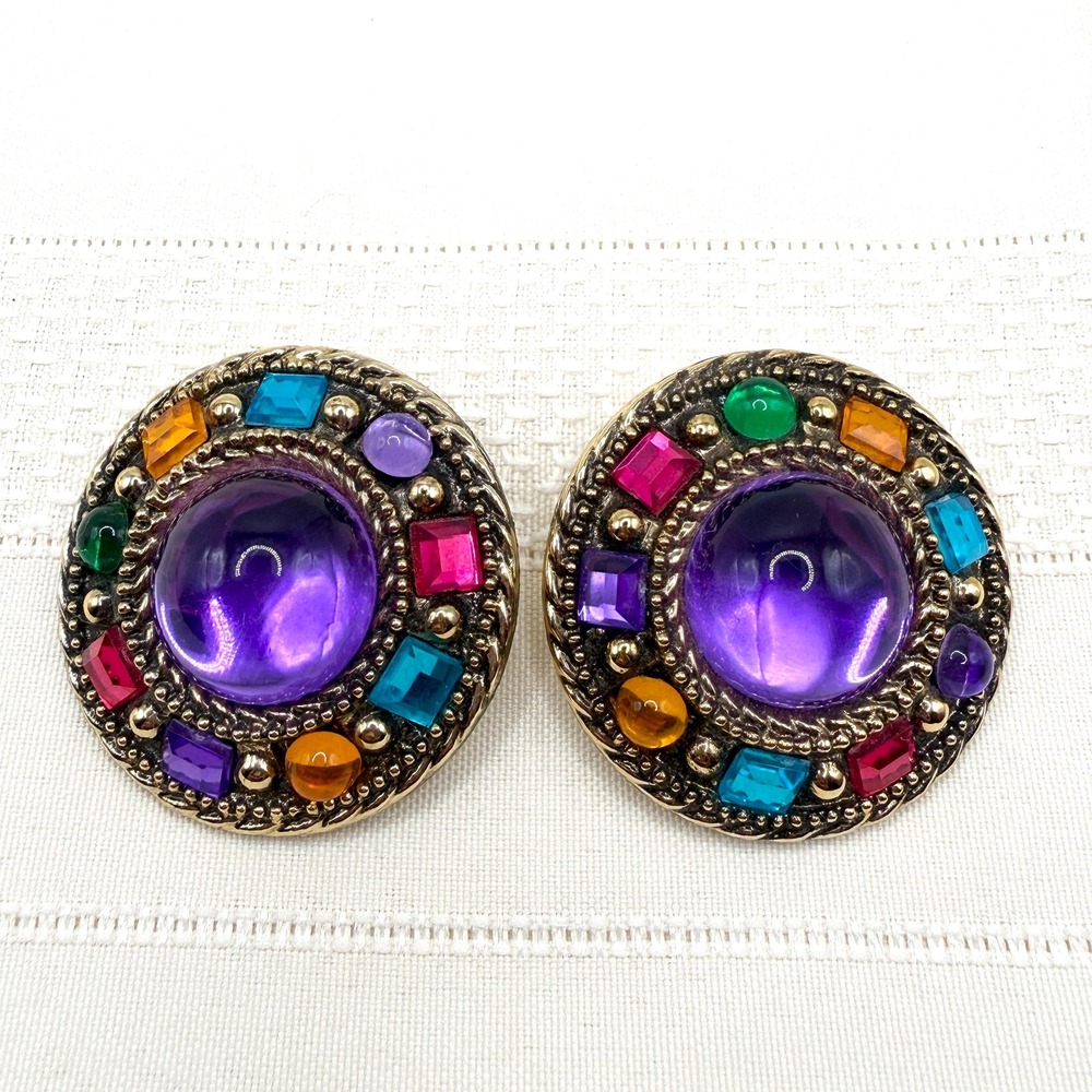 Vintage 80s Big Clip-On Earrings w/ Rainbow Rhinestones and Purple Lucite Center
